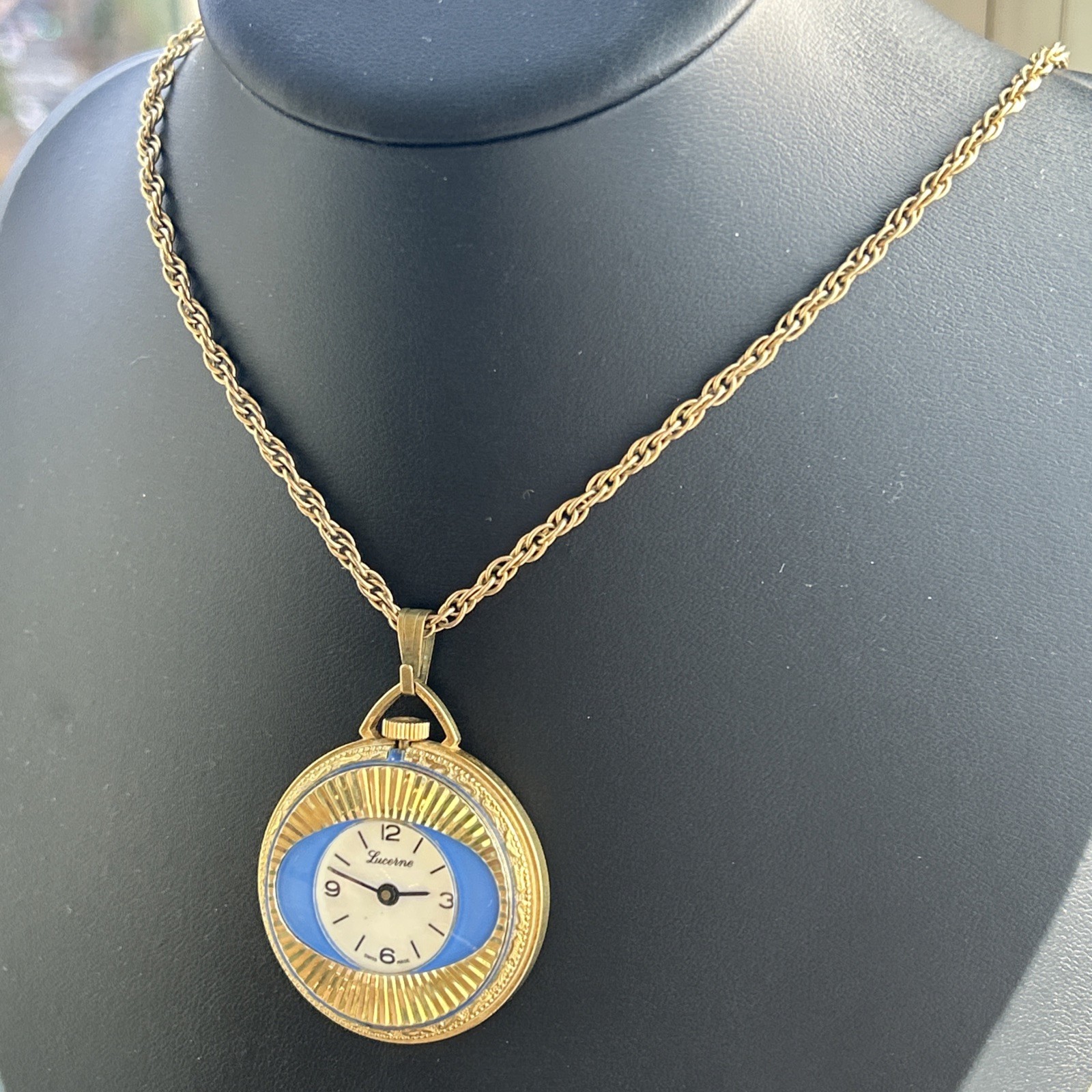 Vintage Lucerne Pocket Watch Pendant w/ 1/20 12 KT GF Chain JTC Gold Tone WORKS
