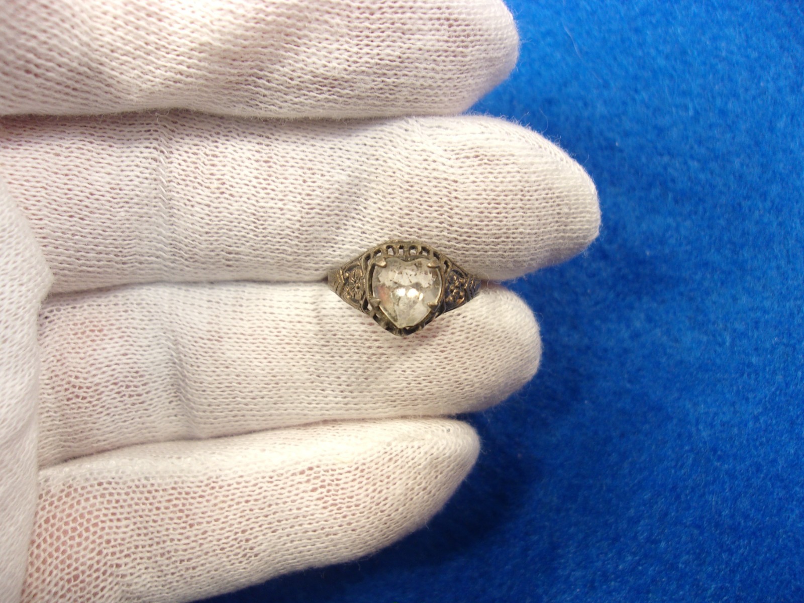 #10 of 11, RARE VTG ANTIQUE STERLING SILVER ART DECO CLEAR HEART GLASS GEM RING