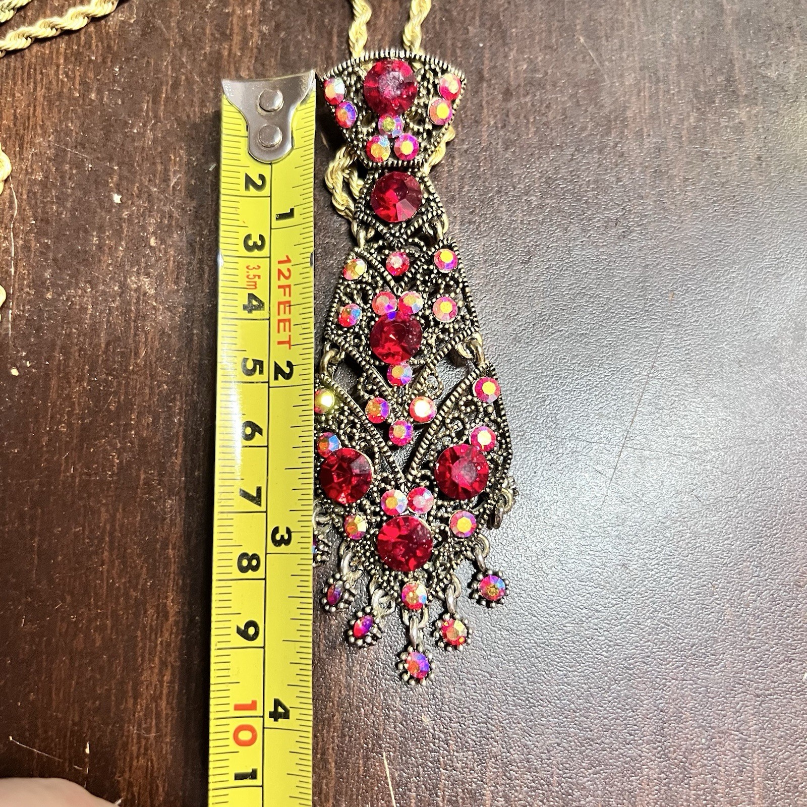 Vtg Red Rhinestone Bib Pendant Statement Necklace Rope Chain Aurora Borealis 60s
