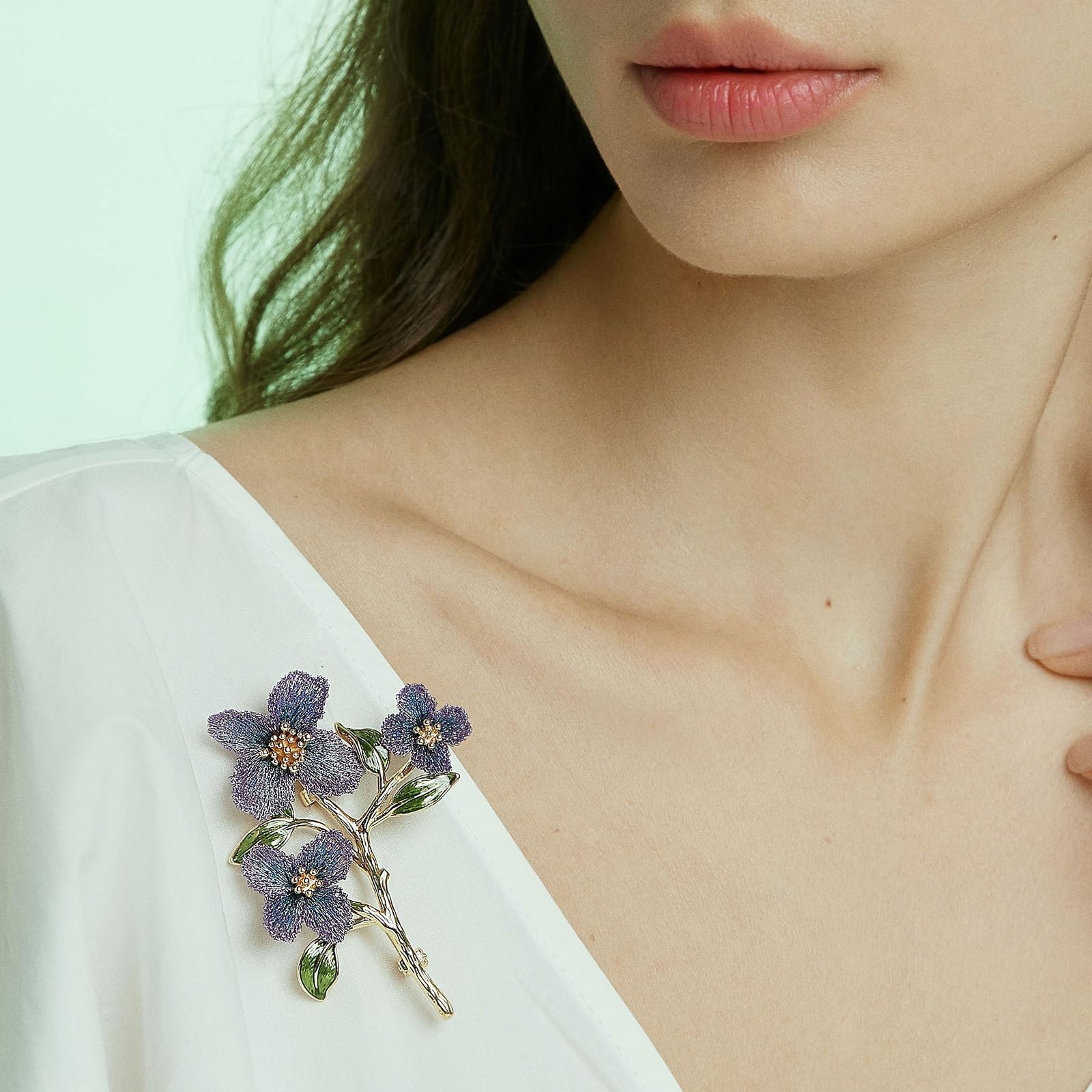 Handmade Floral Brooch – Gold Thread Embroidered, Enamel Leaf, Vintage Botanical