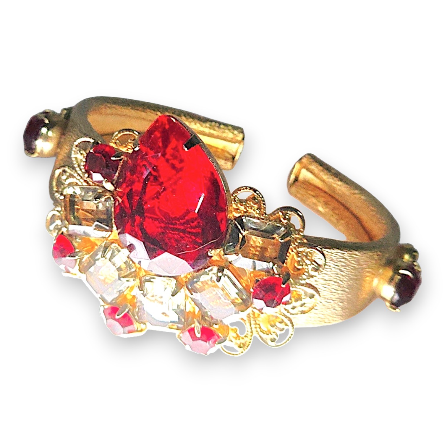 Vintage Clamper Cuff Bracelet Rhinestones Topaz Ruby Red Mid Century