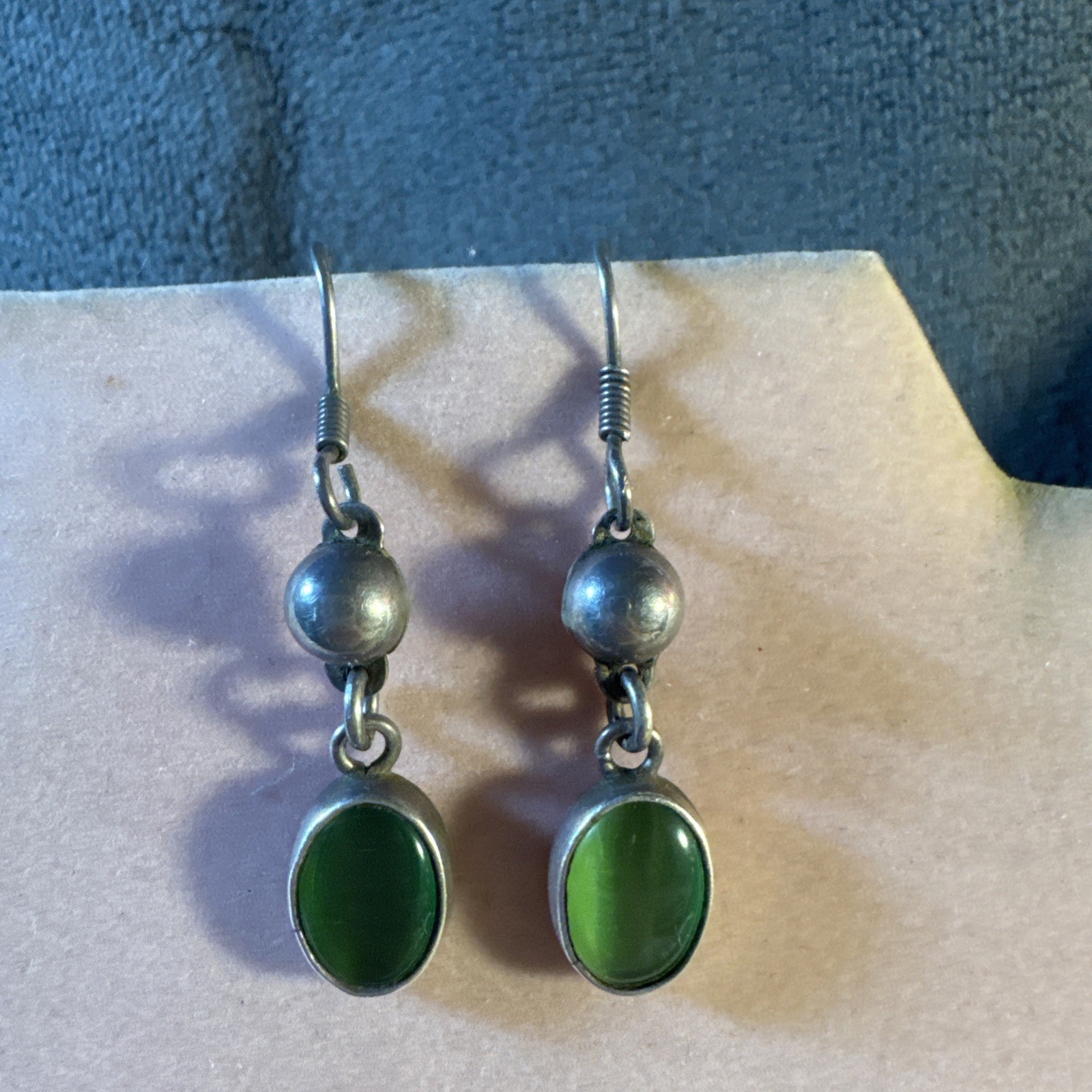 Vintage Tear Drop Earrings Silver Green, 1.5 Inch
