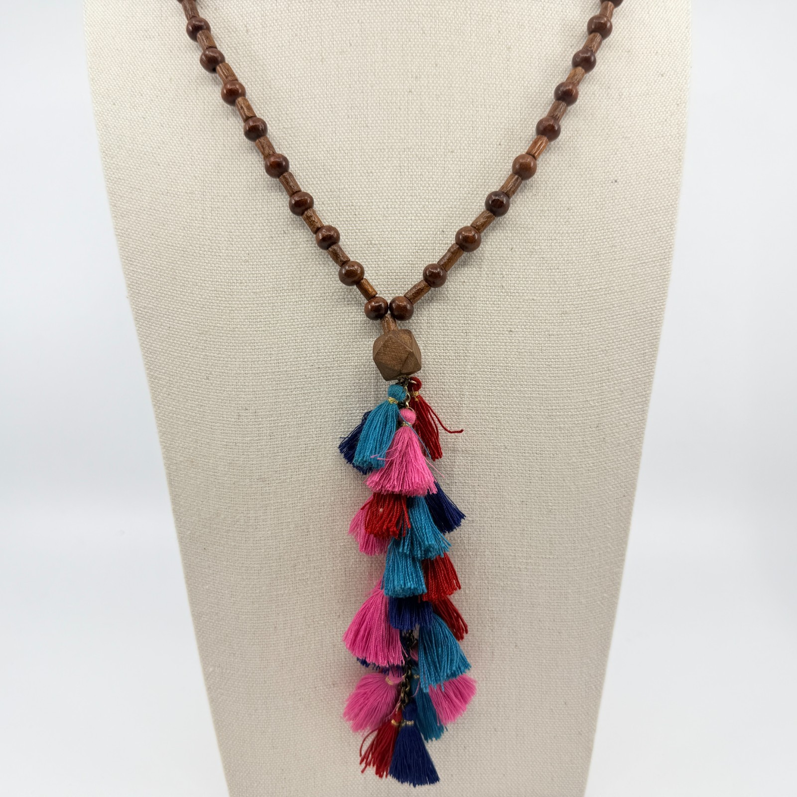 Necklace Vintage Wood Tone Bead Multi Color Tassel Long Boho Statement Retro Y2K