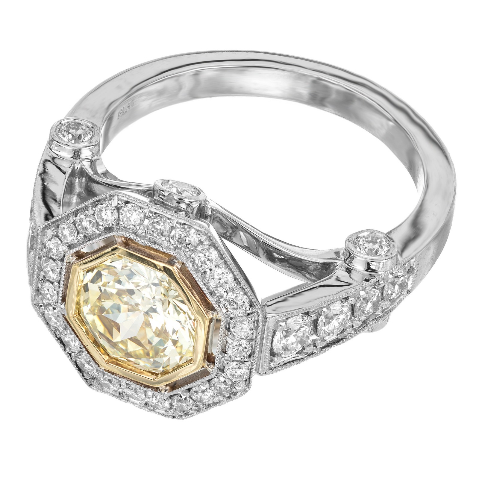 Octagonal 8 Sided Natural Fancy Light Yellow Platinum Diamond Ring
