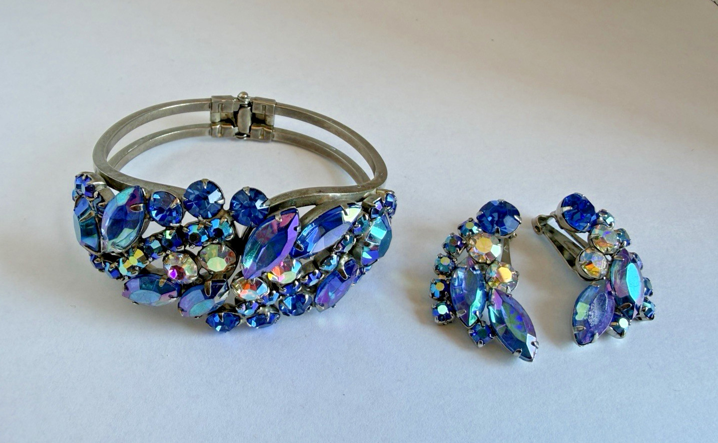Juliana Aurora Borealis Blue Silver Tone Clamper Bracelet & Clip Earrings