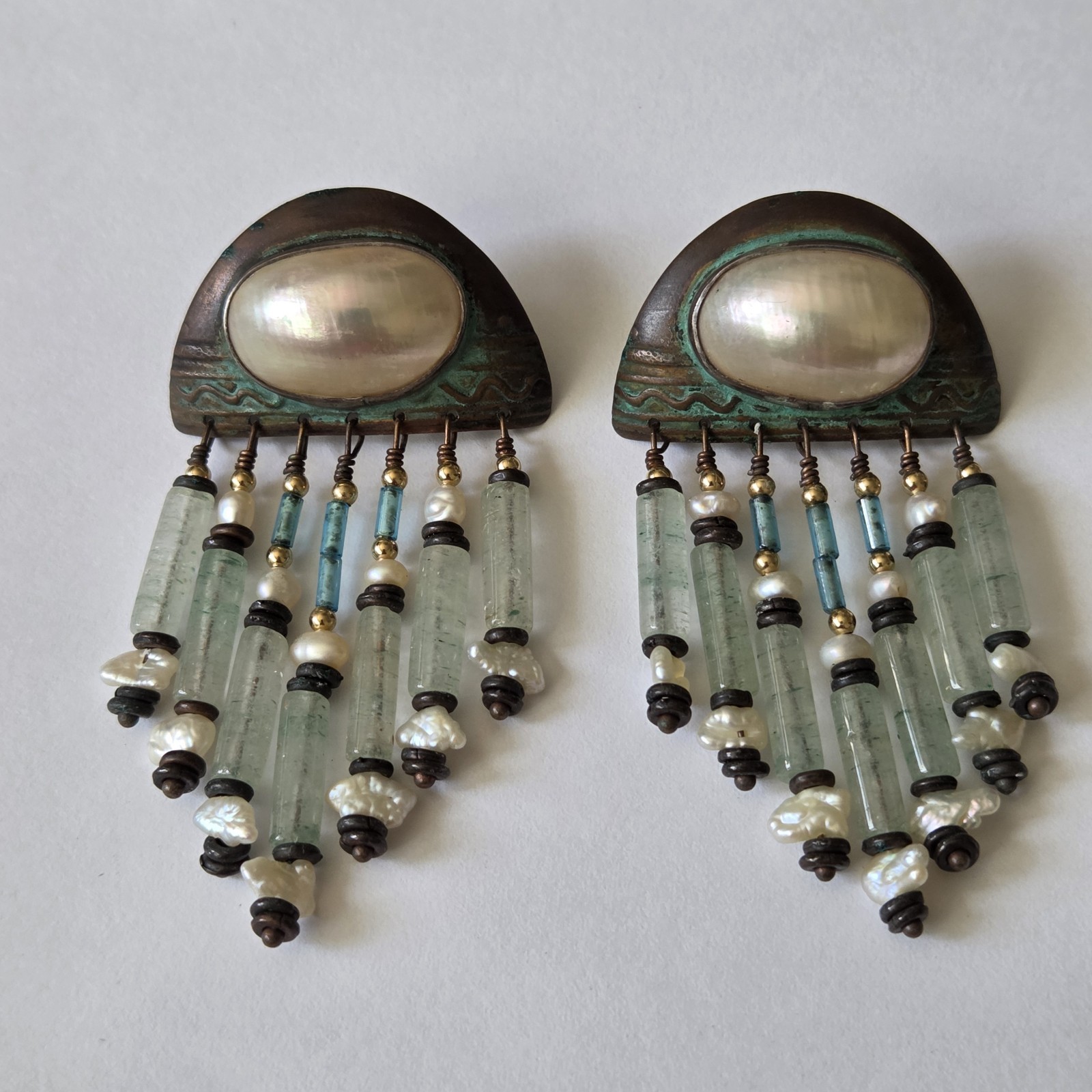 Signed TABRA Copper Pearl Jade Post Pierced Earrings Vintage