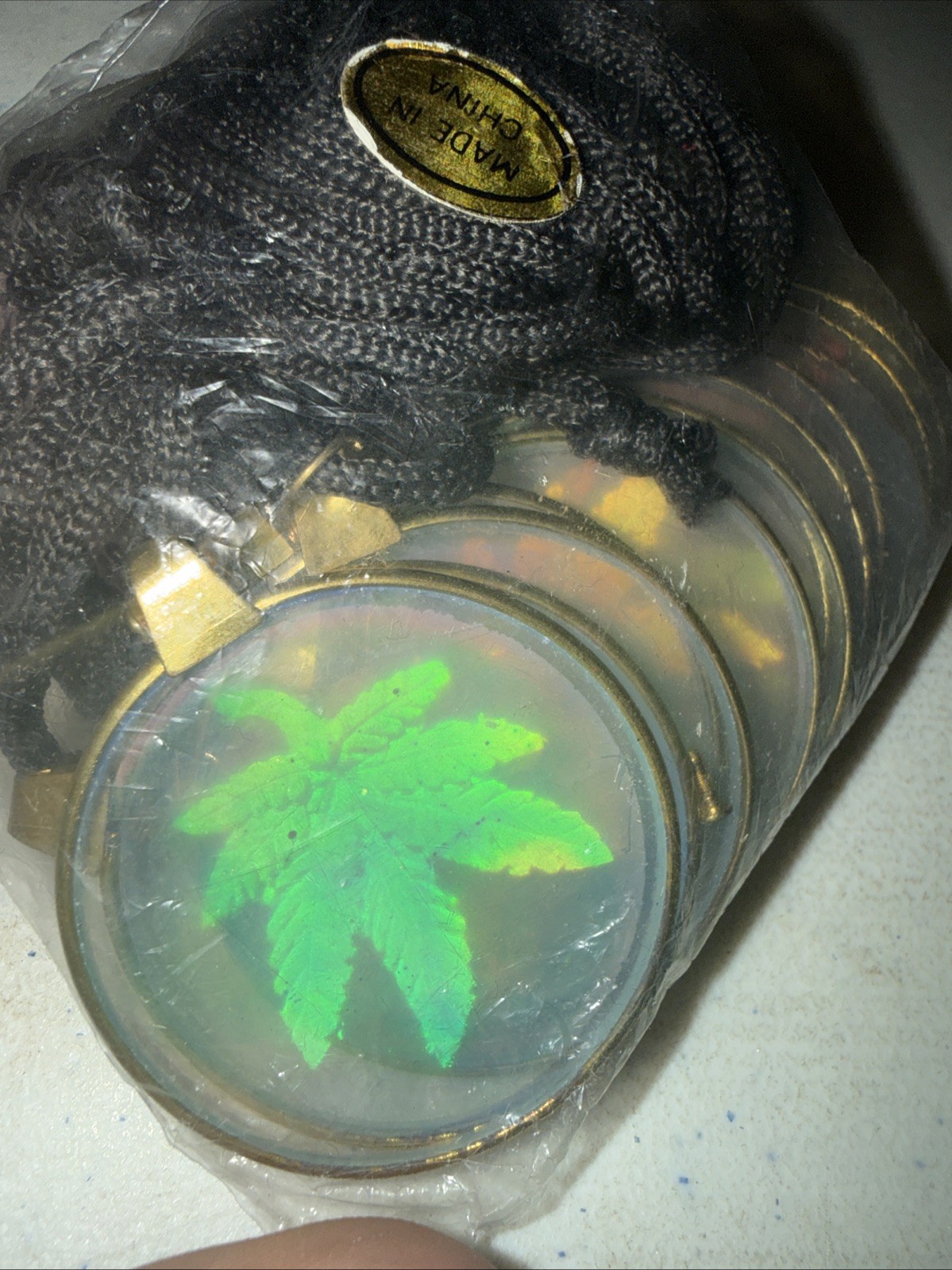 Vintage Hologram Necklace 3D DCG Glass Pendant Dragon Marijuuna Leaf Yin Yang