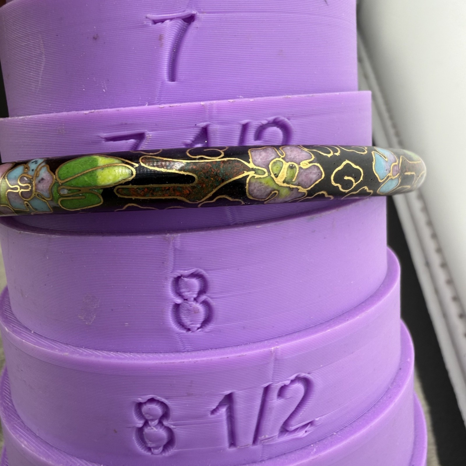 Vintage Cloisonne Bangle Bracelet Gold Tone Black Enamel 8”