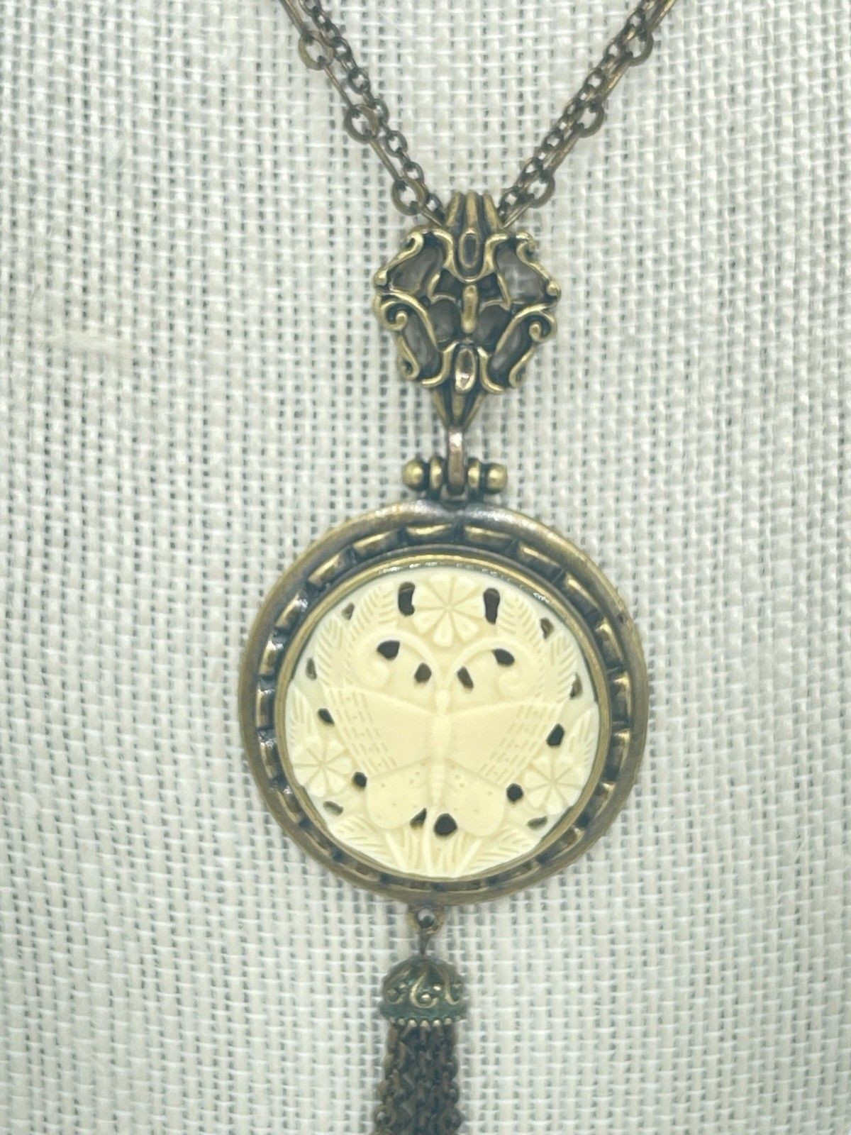Victorian Revival Necklace Antiqued Brass Ruby Red Beads Pendant Dangle