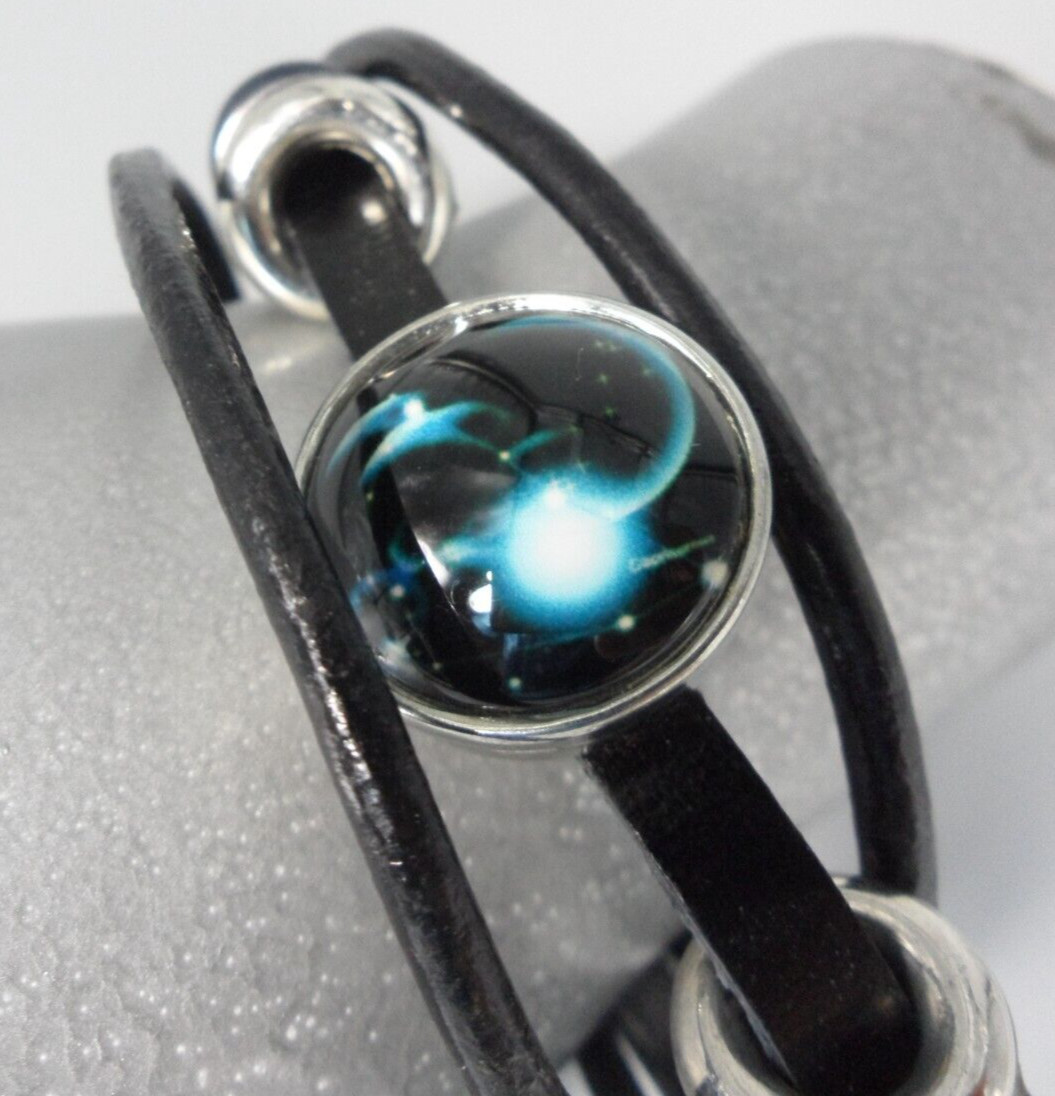 Galaxy Solar System Wrap Bracelet Leather Hematite Wood Stainless Steel Vtg 8″
