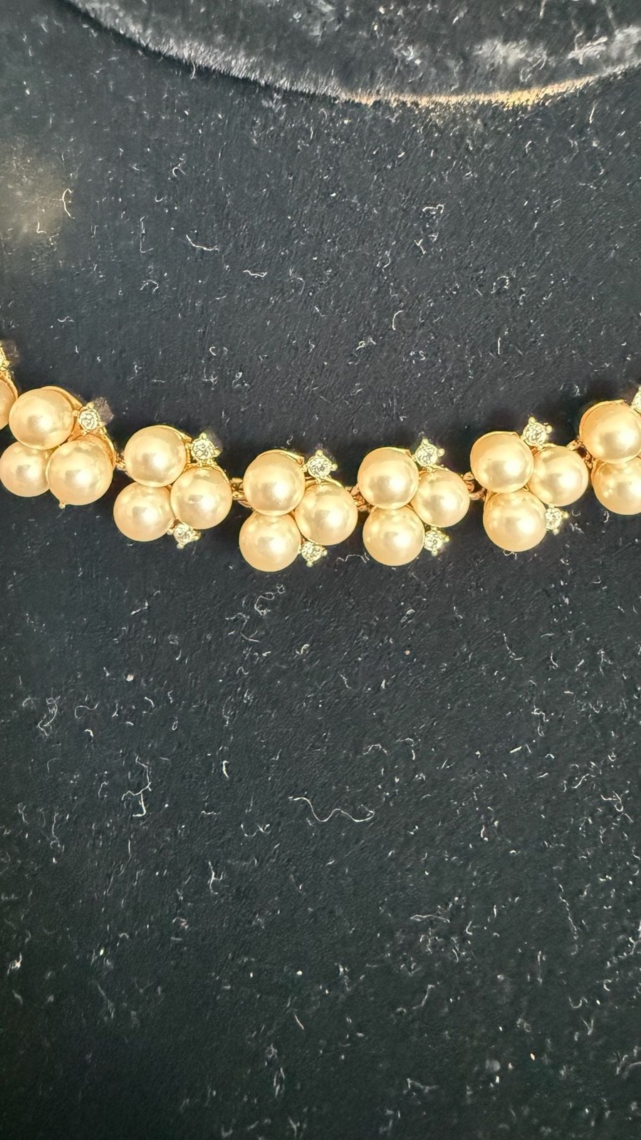 Vintage Gold Tone Floral Cluster Faux Pearl and Rhinestone Choker Necklace