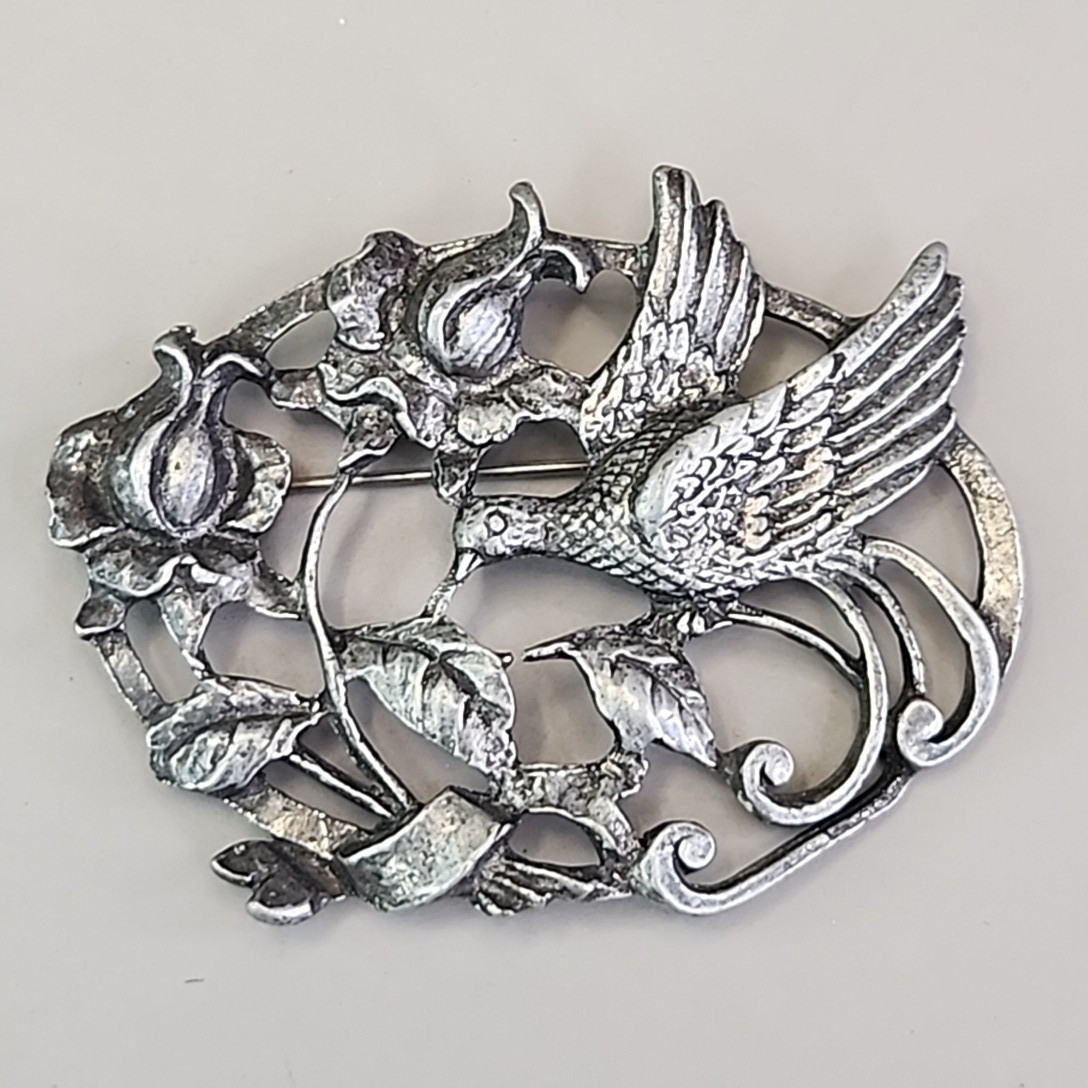 Vintage Bird Flower Brooch Oval Art Nouveau Style Silver Tone C-Clasp 2.5″