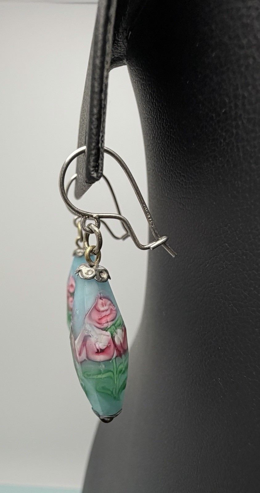 Vintage Sterling Silver Art Glass Floral Rose Dangle Earrings Venetian Style