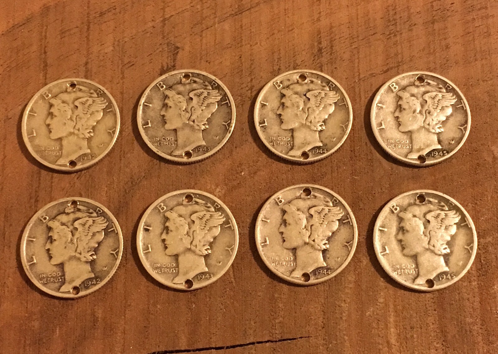 8x Holed MERCURY DIME Coins For Jewelry Or BRACELET-Buttons-90% Silver!