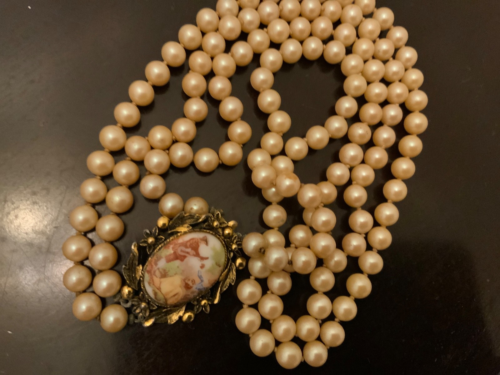 Antique west Germany Pearl porcelain courting couple pendant necklace Opera 24in