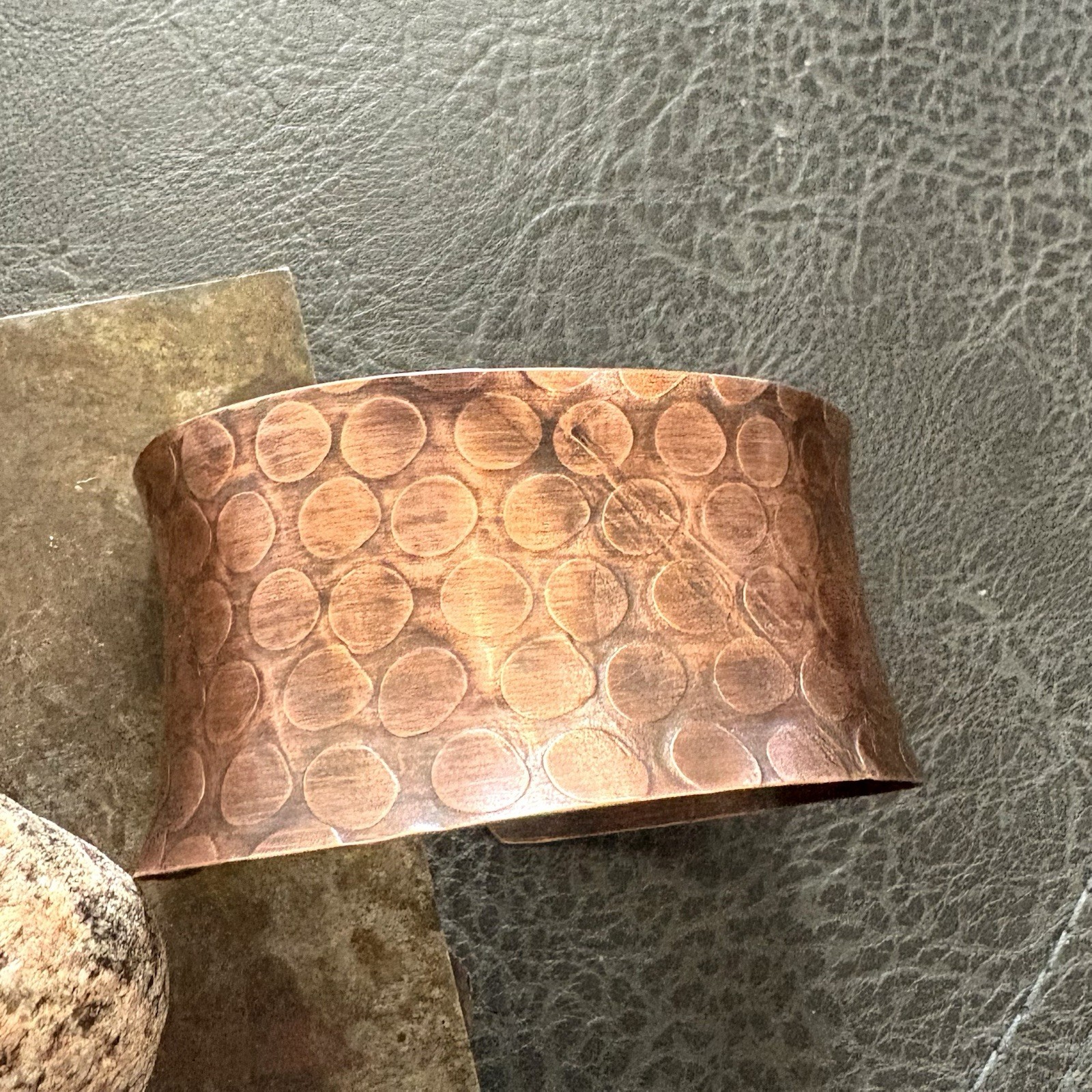 Wide Pure Copper Concave Cuff, Embossed Pattern Artisan Bracelet 1.5” Wide
