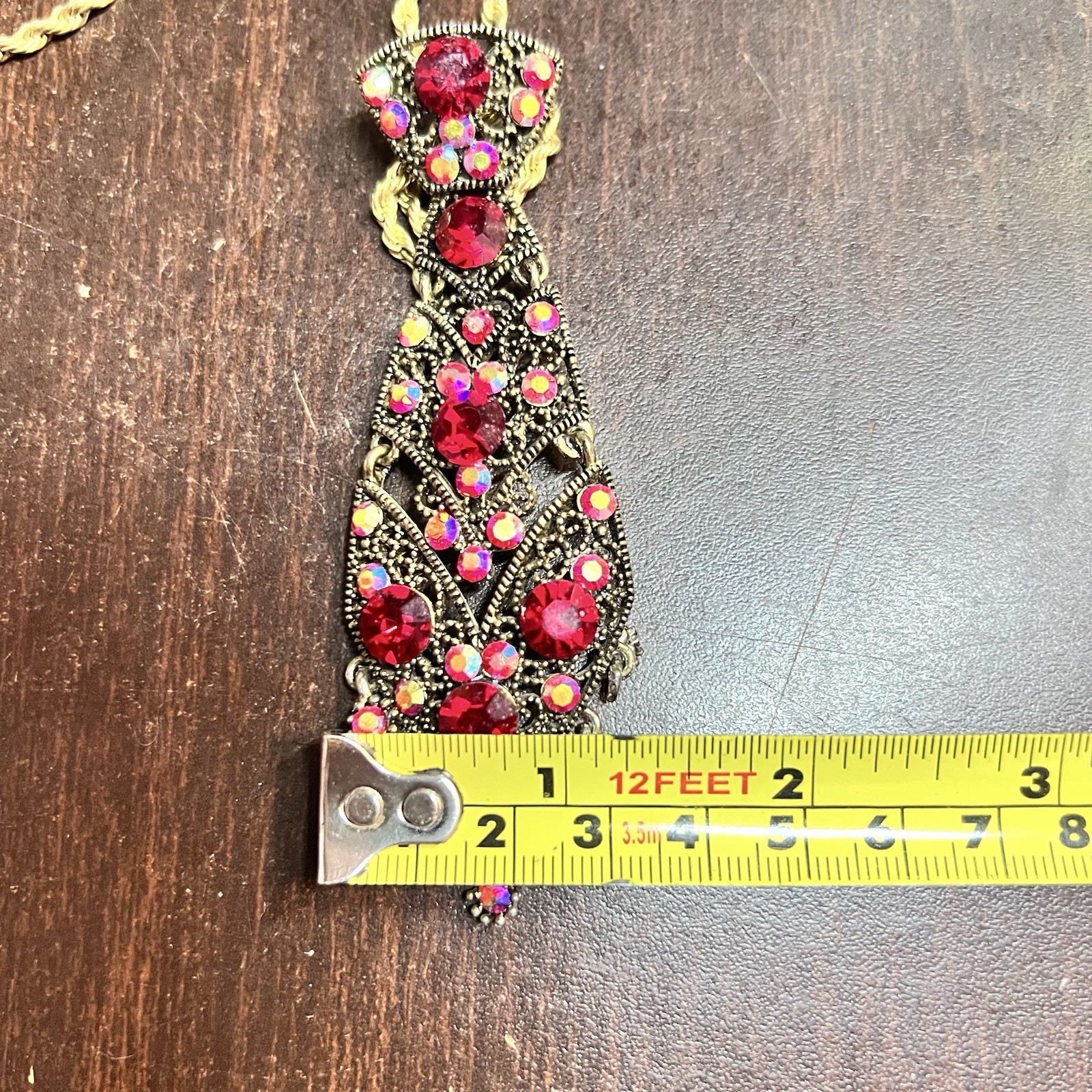 Vtg Red Rhinestone Bib Pendant Statement Necklace Rope Chain Aurora Borealis 60s