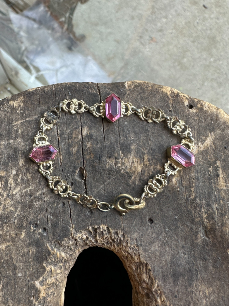 Antique Victorian Gold Plated German Dutch Marquise Cut Pink Paste Bracelet 5.5″