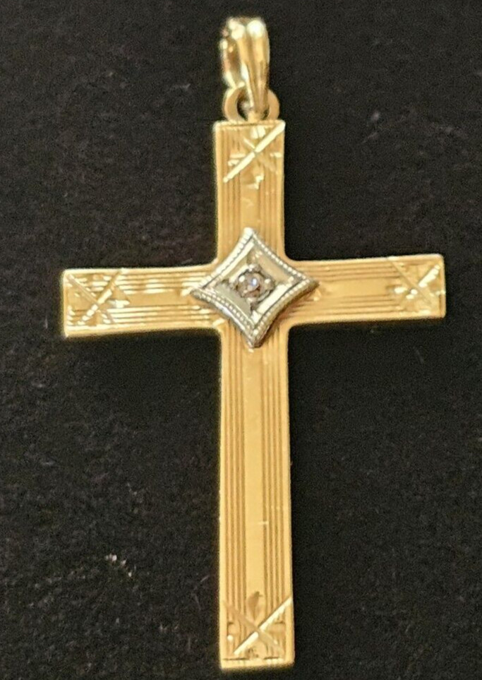 Antique 14k Yellow Gold Cross Pendant with Diamond Marked Esemco 14k Rare Find