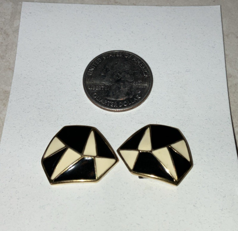 VINTAGE Monet Black & Ivory Enamel Gold Tone Post Earrings Abstract Geometric