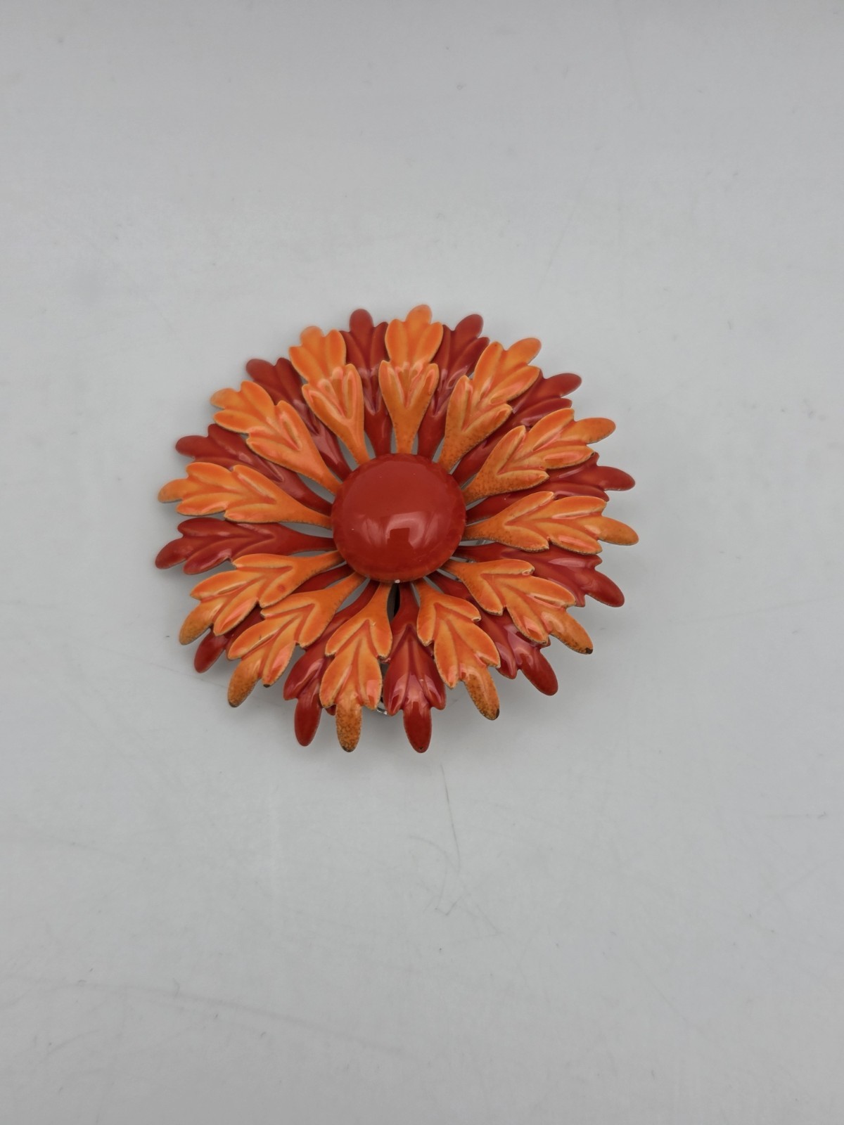 Beautiful Orange Flower Brooch W/ Orange And Red Enamel