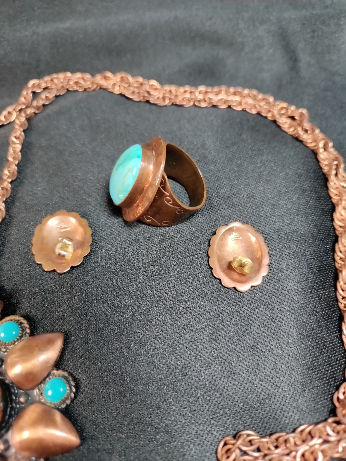 Vtg Bell Trading solid copper flower turquoise 1960s 30″necklace, ring, earrings