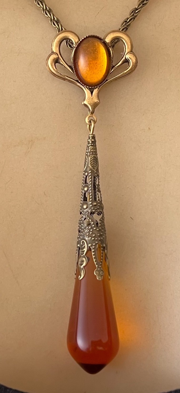 Vintage Necklace Art Nouveau Lavalier Pendant Amber Topaz Antique Czech Glass