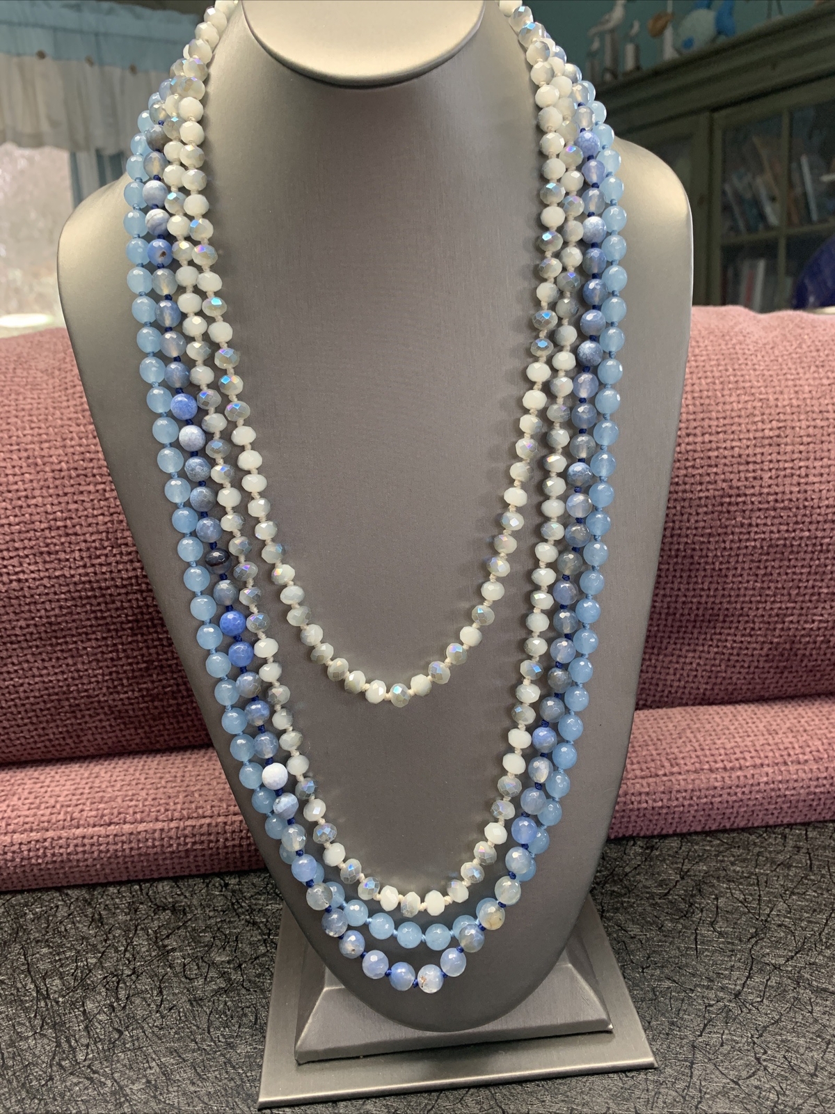 Vintage Crystal And Stone Blue Beaded Necklace Lot Of 3 For Layering 30+”