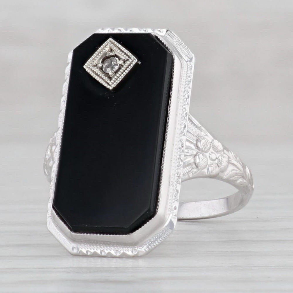 14K White Gold Vintage Onyx And Diamond Art Deco Ring