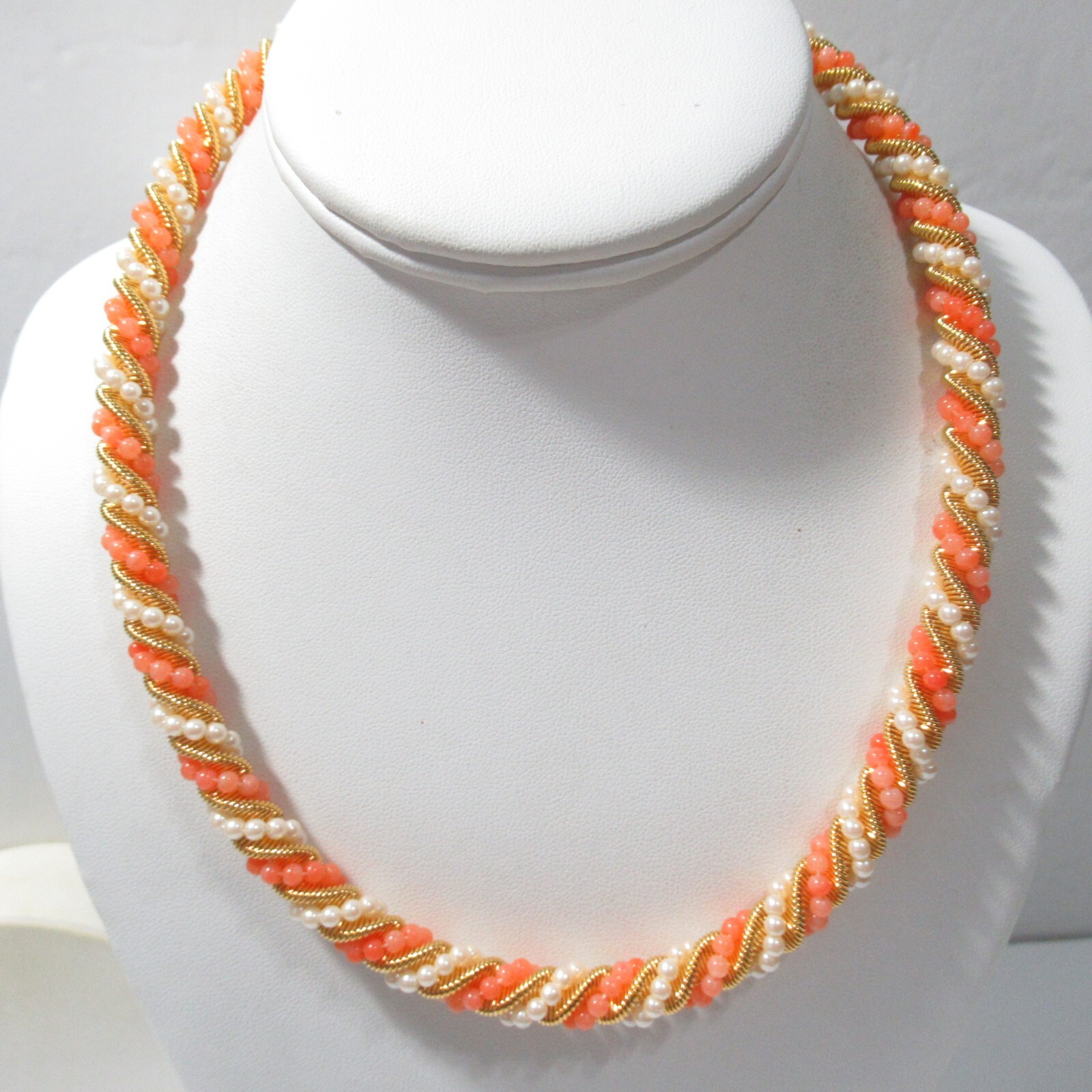 Orange White and Gold Tone Chain Faux Pearl Necklace
