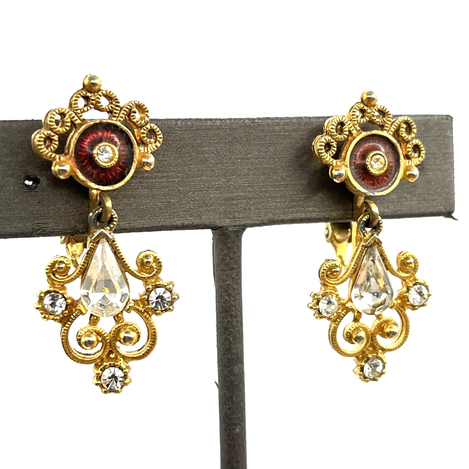 Vintage CELEBRITY NY Filigree Style Clip On Earrings Rhinestone & Red Enamel