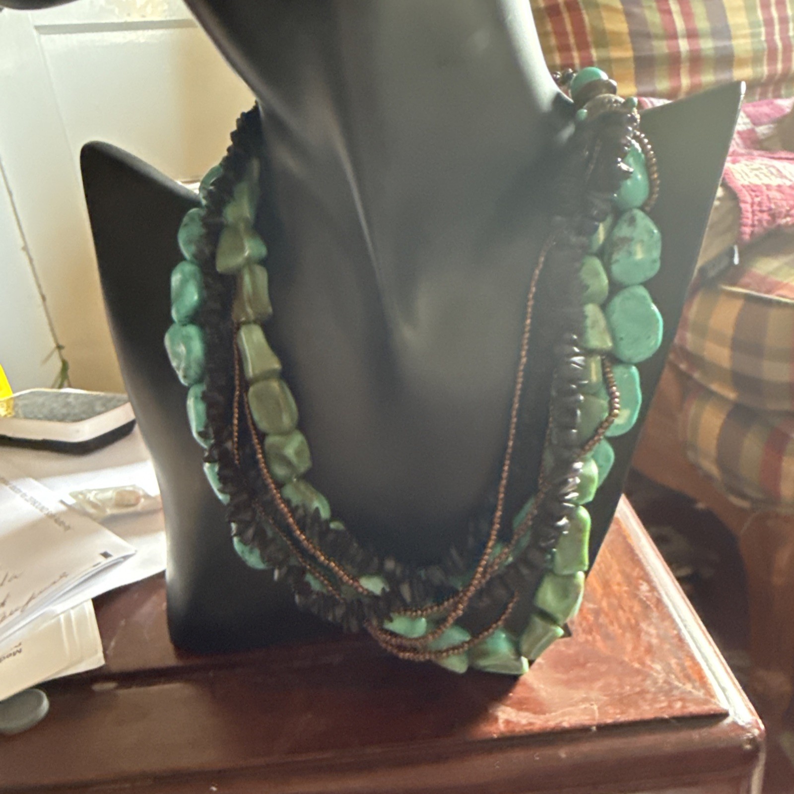 Turquoise Vintage4 Strand Multi strand Turquoise, Obisdian, And Bronze Necklace.