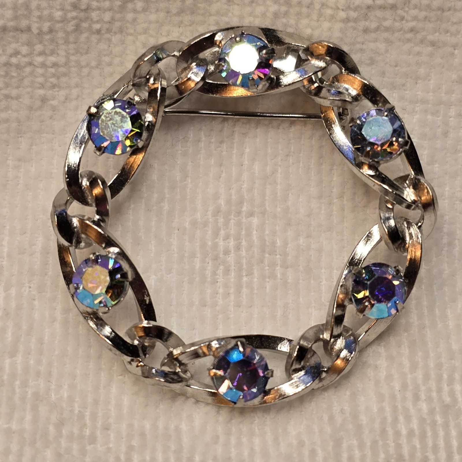 Vintage Brooch Pin Aurora Borealis AB Rhinestone Silver Tone Wreath 1.75″ #C86