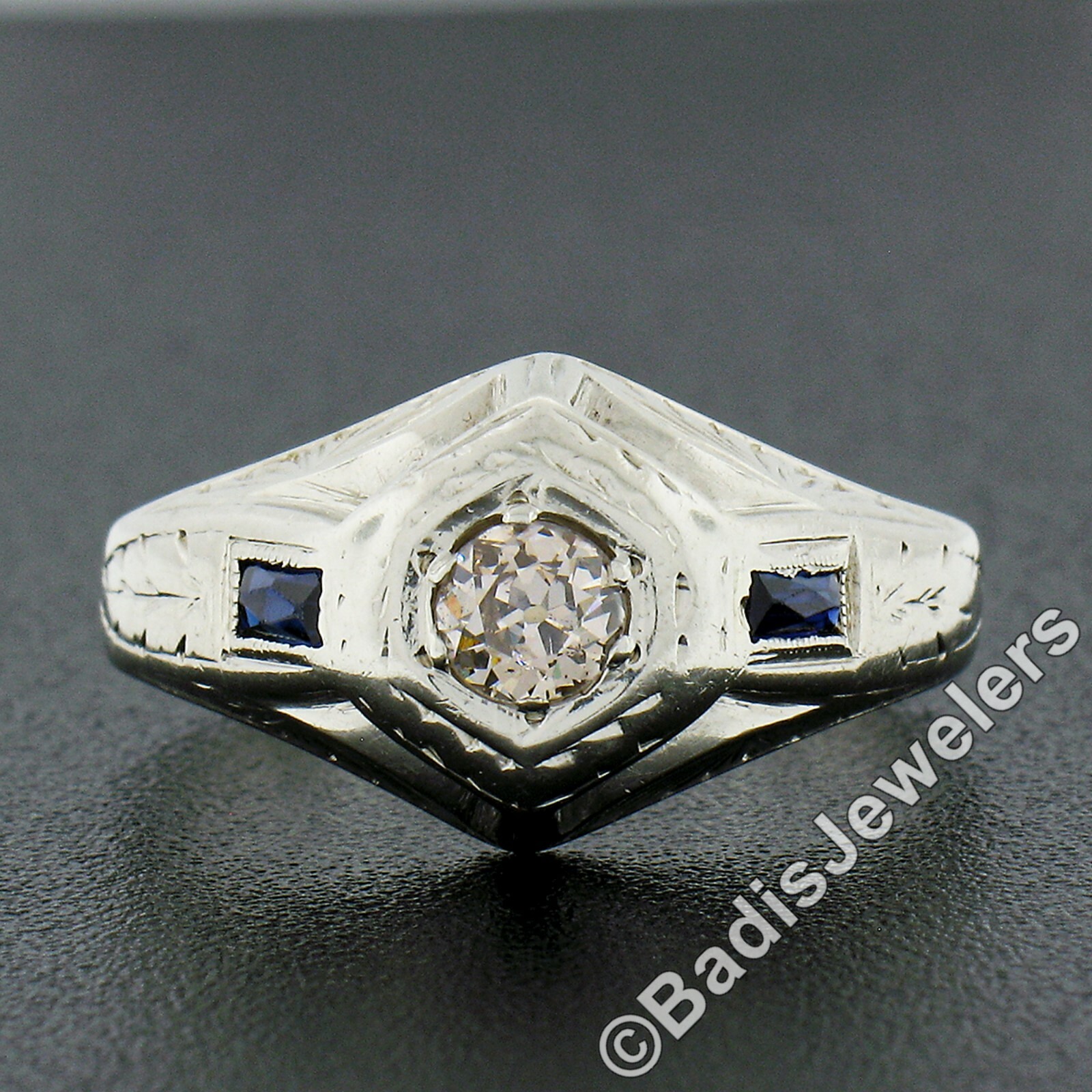 Antique Art Deco 14k White Gold European Diamond & Sapphire Hand Engraved Ring
