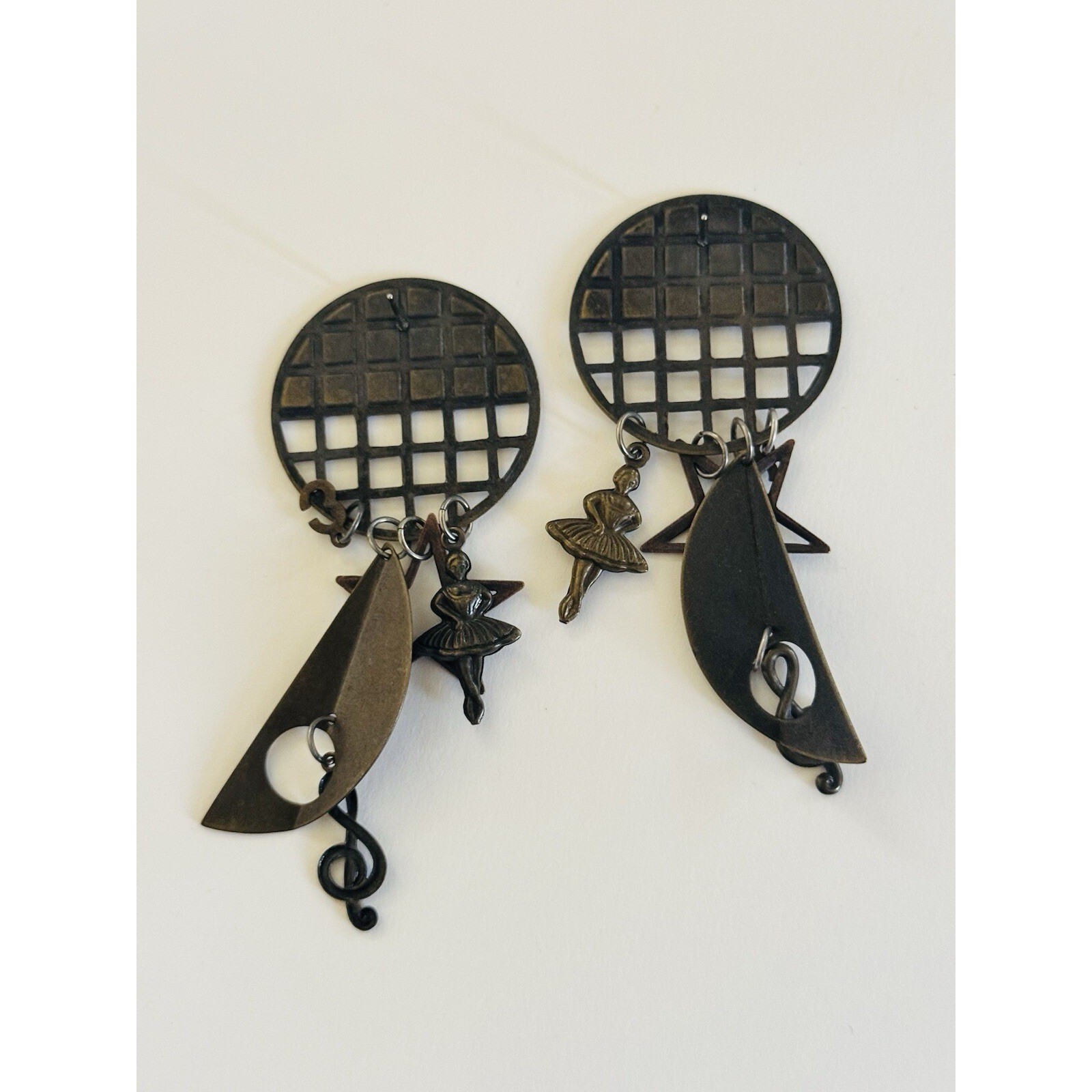 Statement BOHO Earrings VTG Star Ballerina Pierced Dangle Bronze Mod Charm 80s