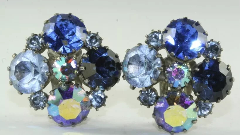 KARU ARKE BLUE RHINESTONES CRESCENT MOONBROOCH CLIP EARRINGS DEMI PARURE SET EUC