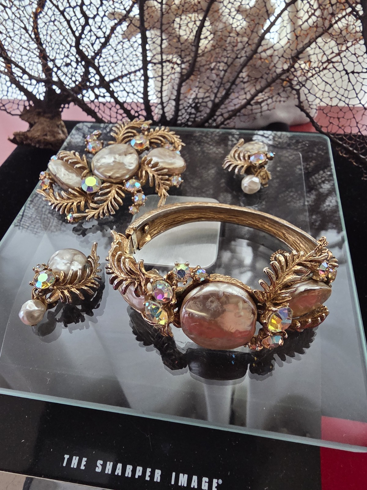 SIGNED HAR Dragon Tooth Fx Pearl AB Rhinestone Brooch. Bracelet. Earrings Set!