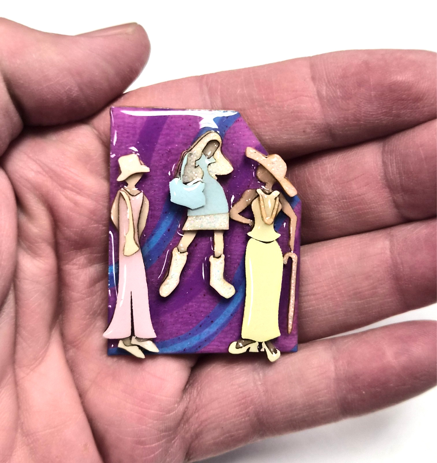 Vintage Woman Pins by Lucinda Pink & Blue Background 3 Young Women Pin / Brooch