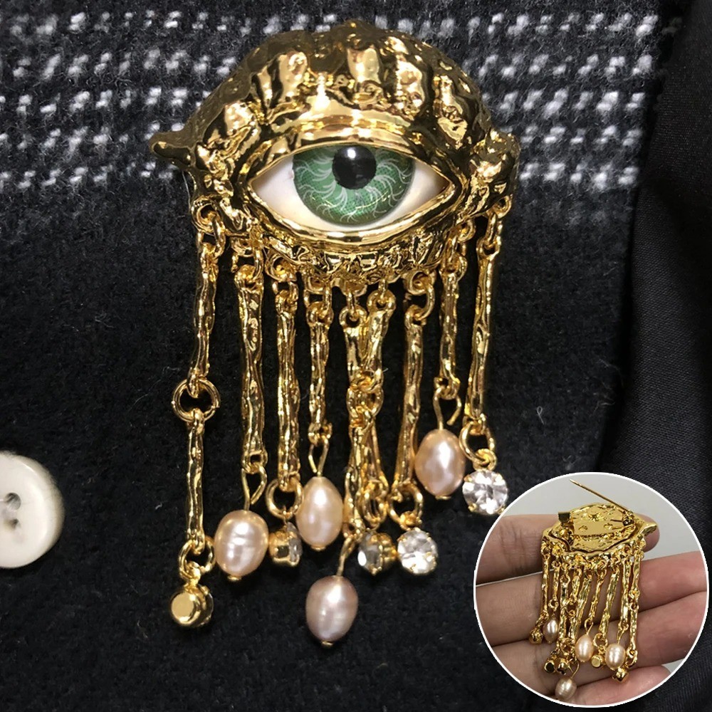 Women Evil Eye Brooch Vintage Pearl Tassel Pin Zinc Alloy Fashion Jewelry