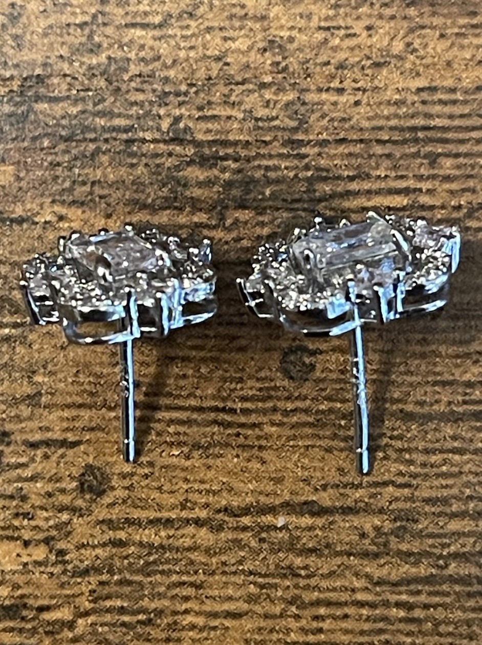 Vintage Sparkling Solid Sterling Silver Emerald Cut CZ Halo Stud Earrings 2g