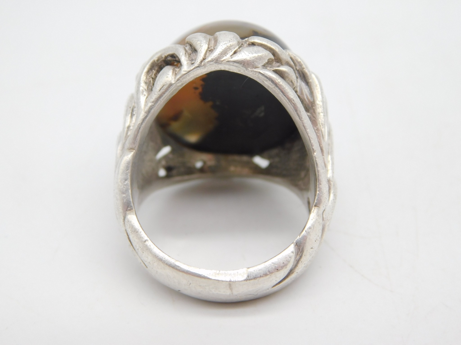 SUPER ANTIQUE STERLING SILVER SCROLLING FLORAL PICTURE AGATE STONE RING SIZE 7