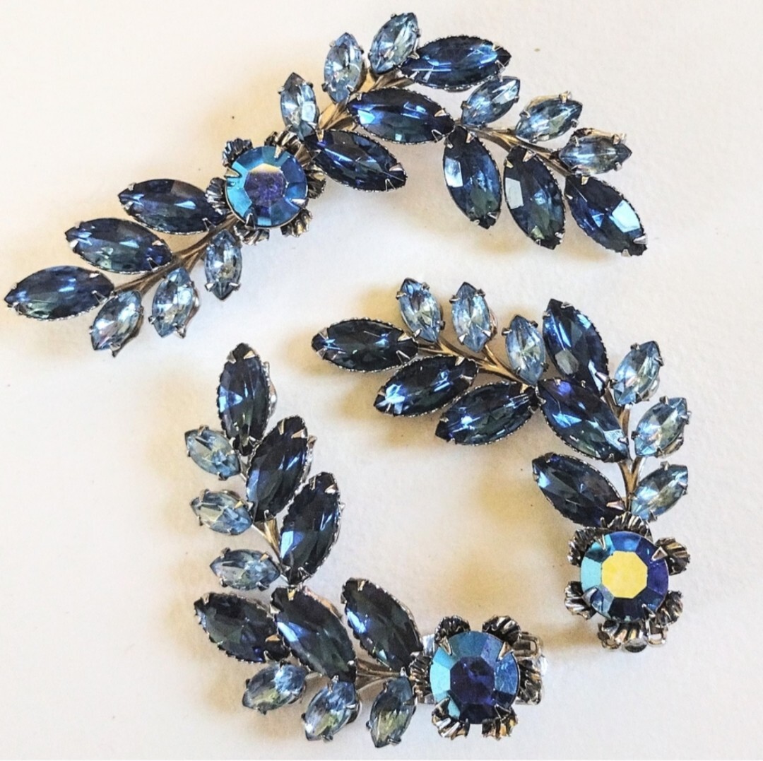 Vintage Estate Montana Blue AB Rhinestone Brooch Earrings Set Elizabeth Morrey