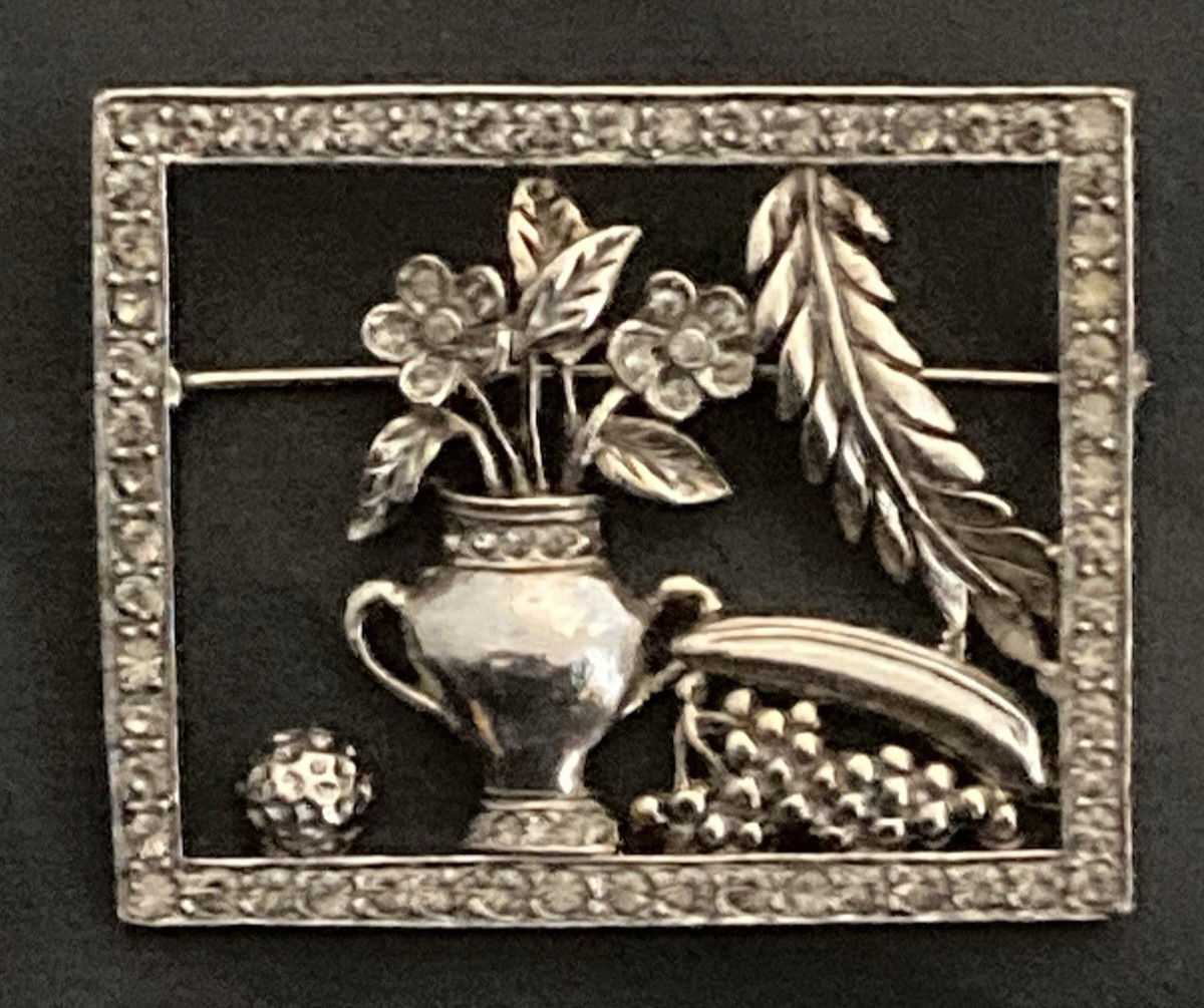Vintage Brooch Pin Big Silver Tone Rhinestone Floral Painting Decor