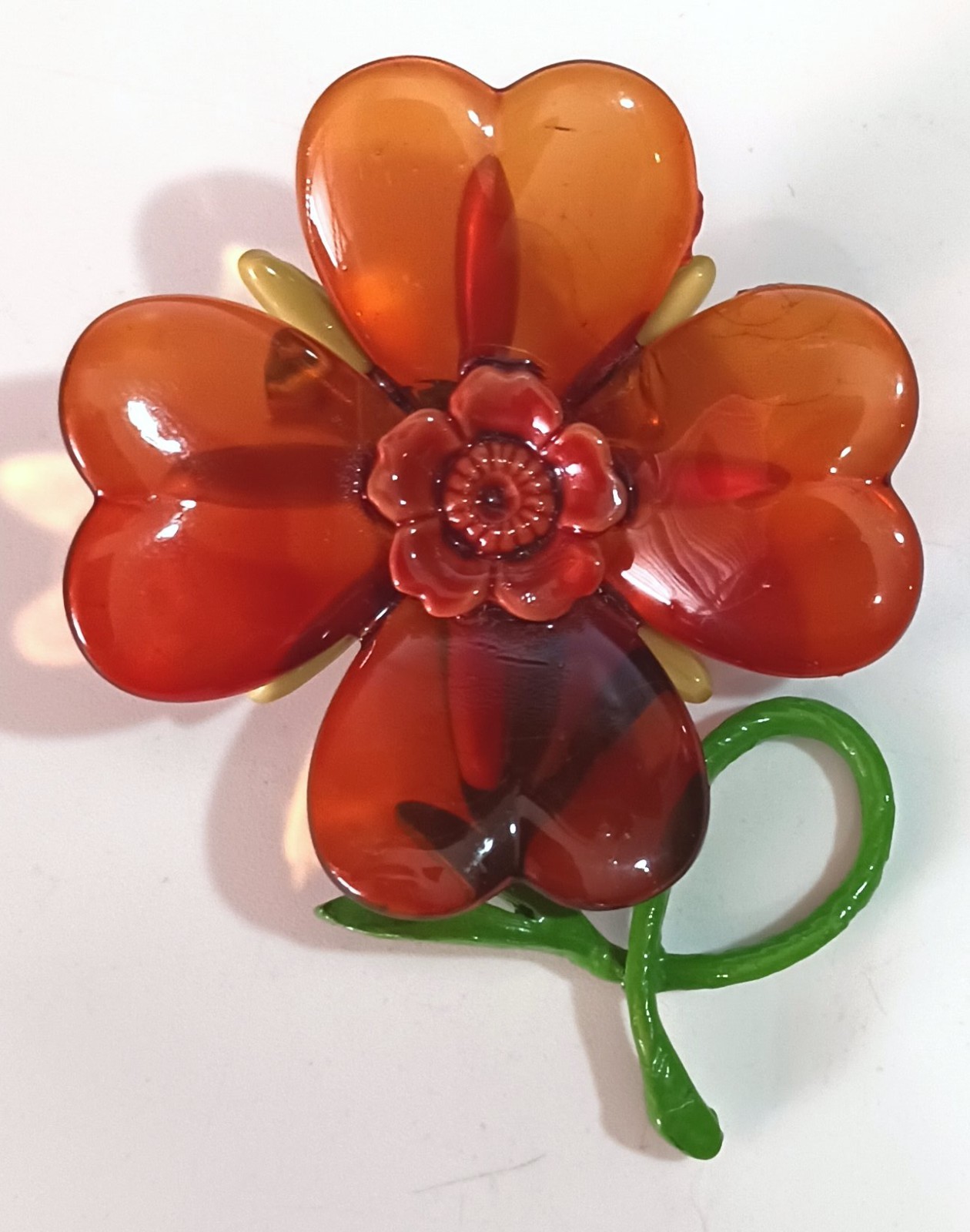 Vintage Orange, Yellow & Green Plastic (Cellulose Acetate?) Flower Brooch