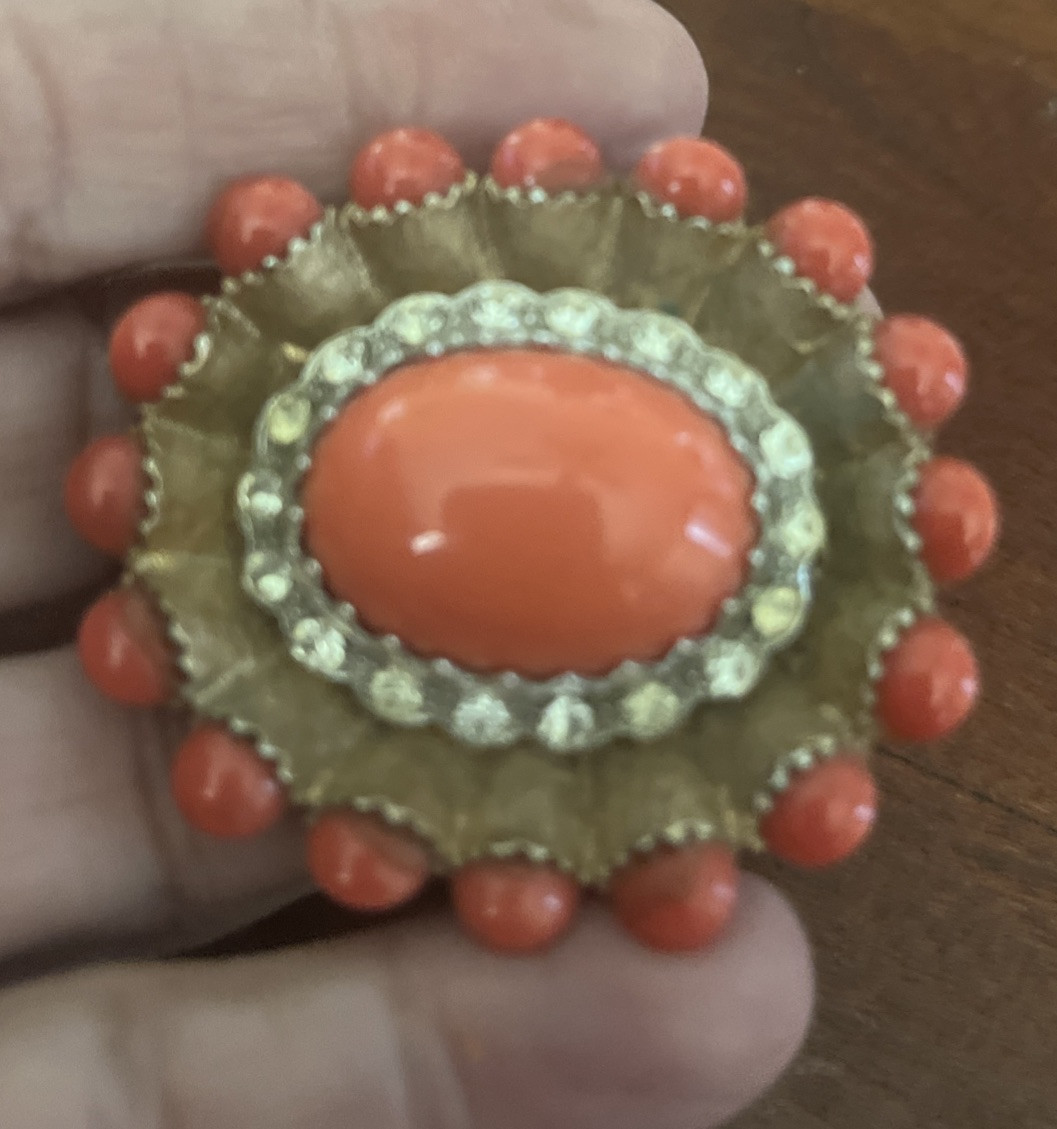 Vtg HAR Signed Dragon’s Egg BROOCH Coral Color Rhinestone Gold Color Gorgeous