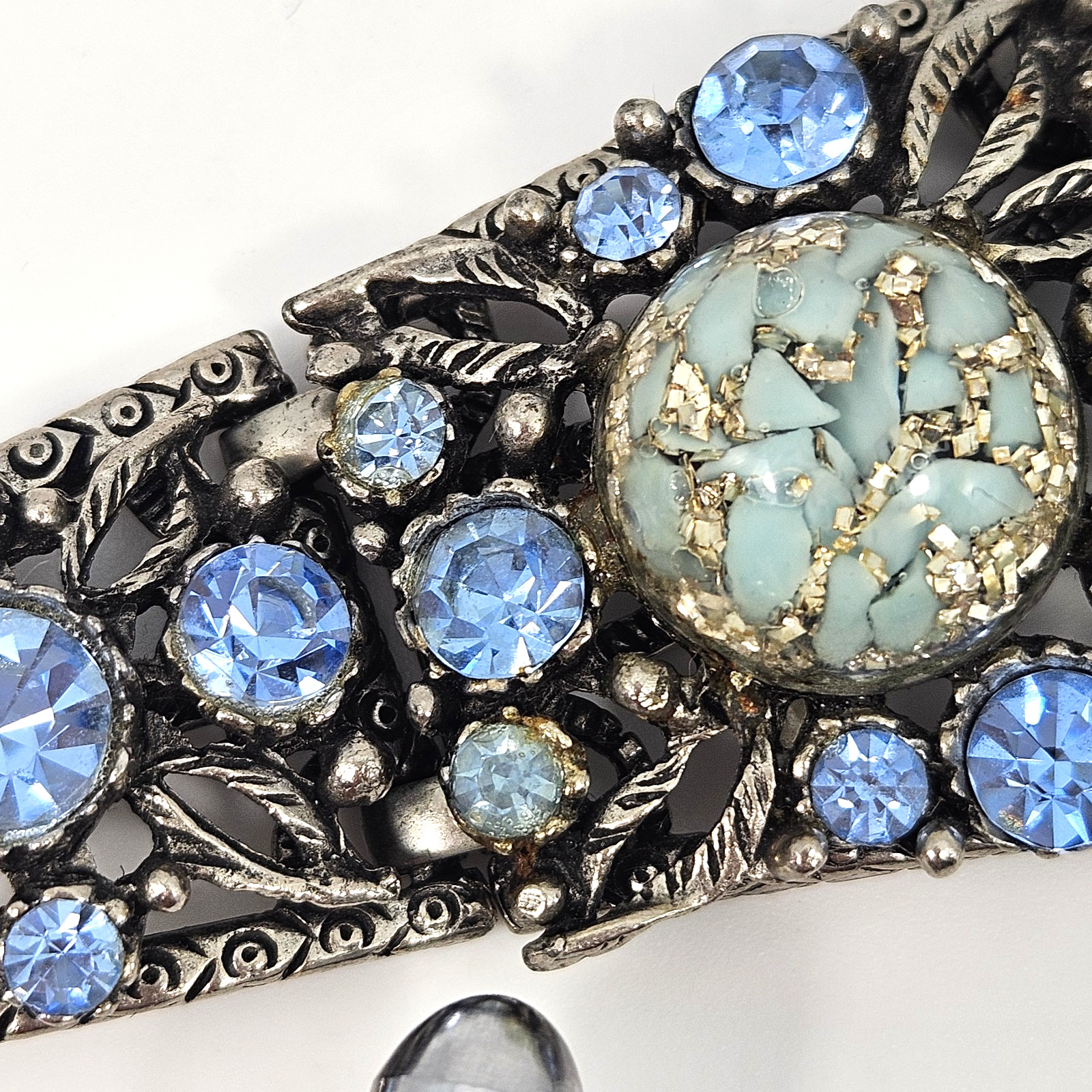 Vintage Blue Rhinestone Confetti Resin Cabochon Bracelet Earrings