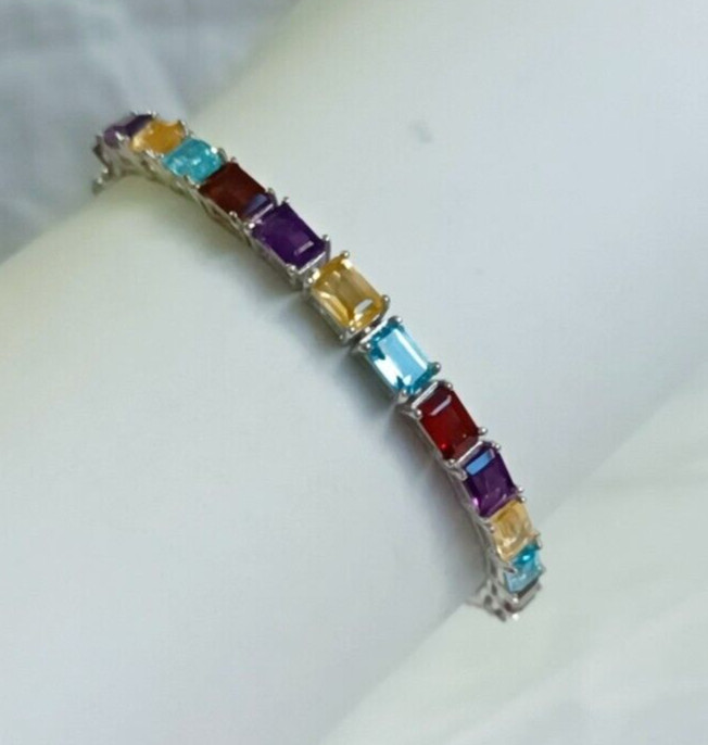 Rainbow Multi Gemstone Handmade Bracelet 925 Sterling Silver Women Bracelet Gift