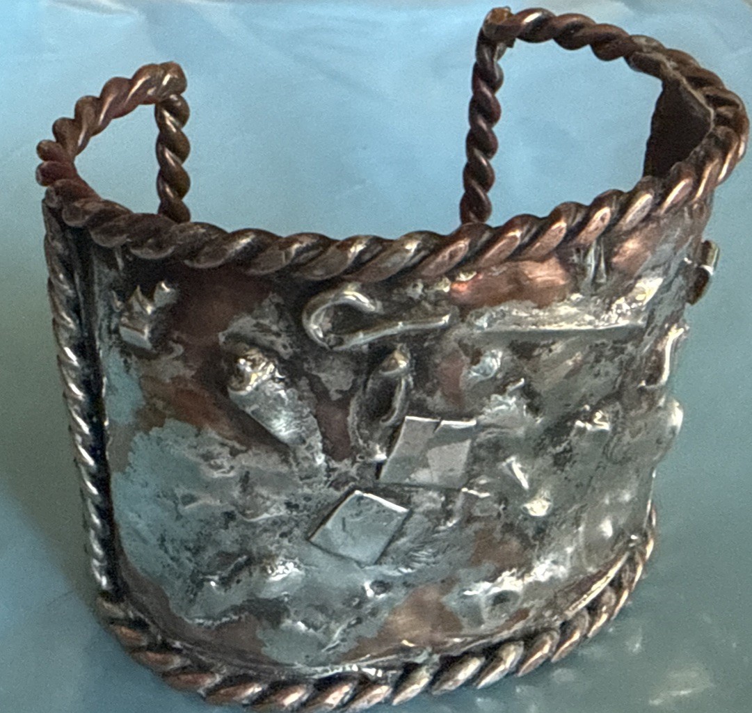 Vtg unsigned Mid Century Modernist Brutalist Silver Copper Cuff Bracelet