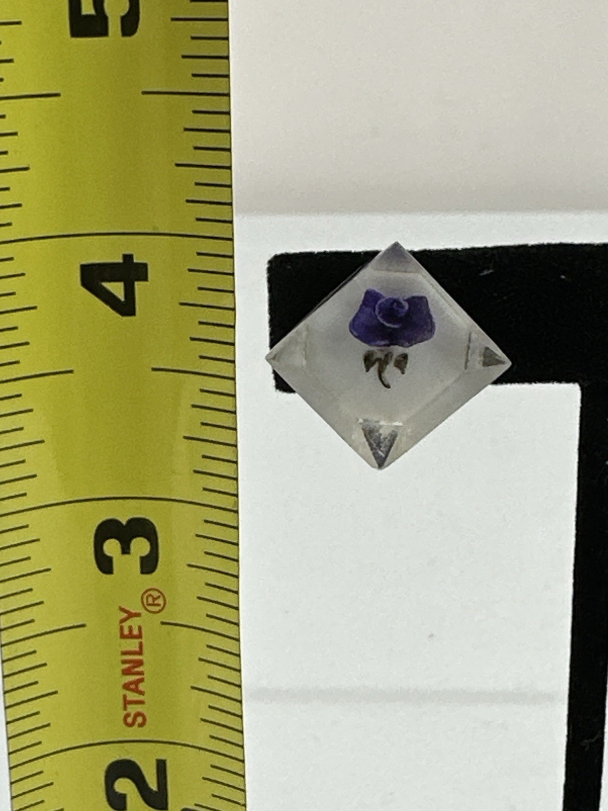 Beautiful Diamond Shaped Purple Flower Reverse Carved Lucite Screw Back Earrings