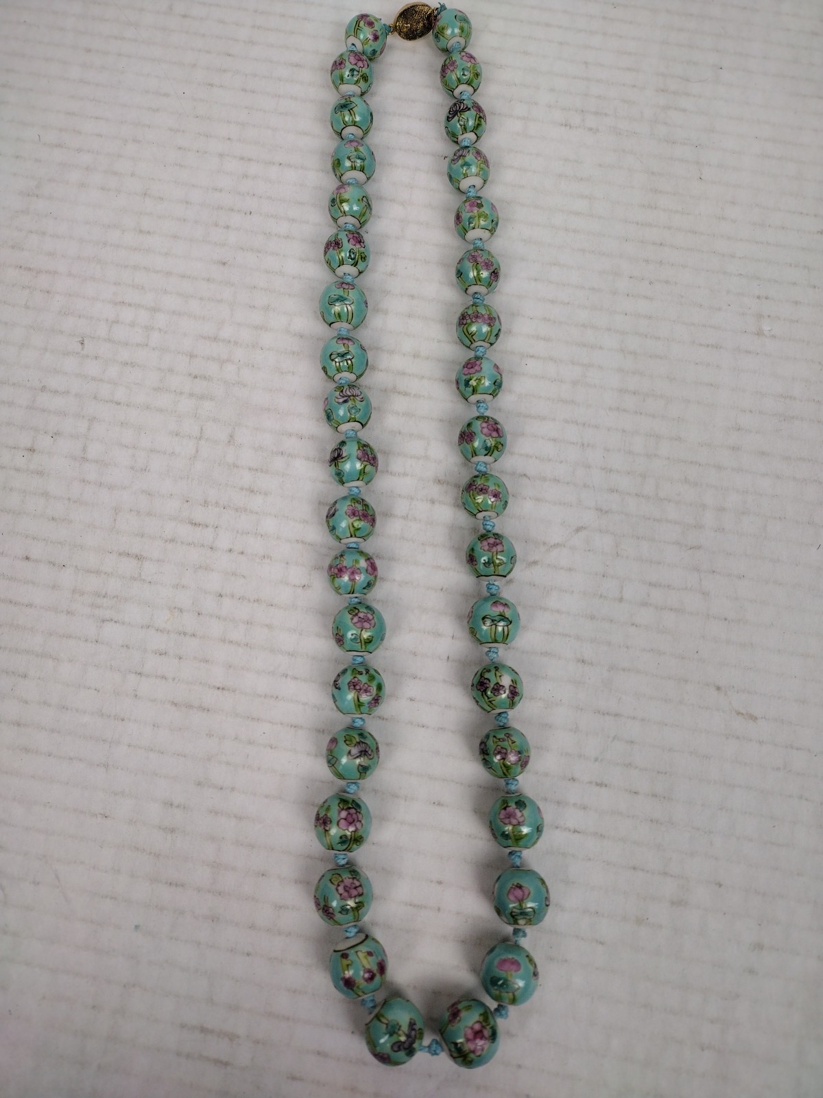 Vintage Chinese CLOISONNE Blue Pink Enamel Bead Necklace Hand Knotted